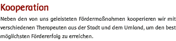 Kooperation Neben den von uns geleisteten Fördermaßnahmen kooperieren wir mit verschiedenen Therapeuten aus der Stadt und dem Umland, um den best möglichsten Fördererfolg zu erreichen. 